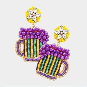 Gold Purple Green Beaded Sequin Felt Mardi Gras Drink Parade Dangle Earrings